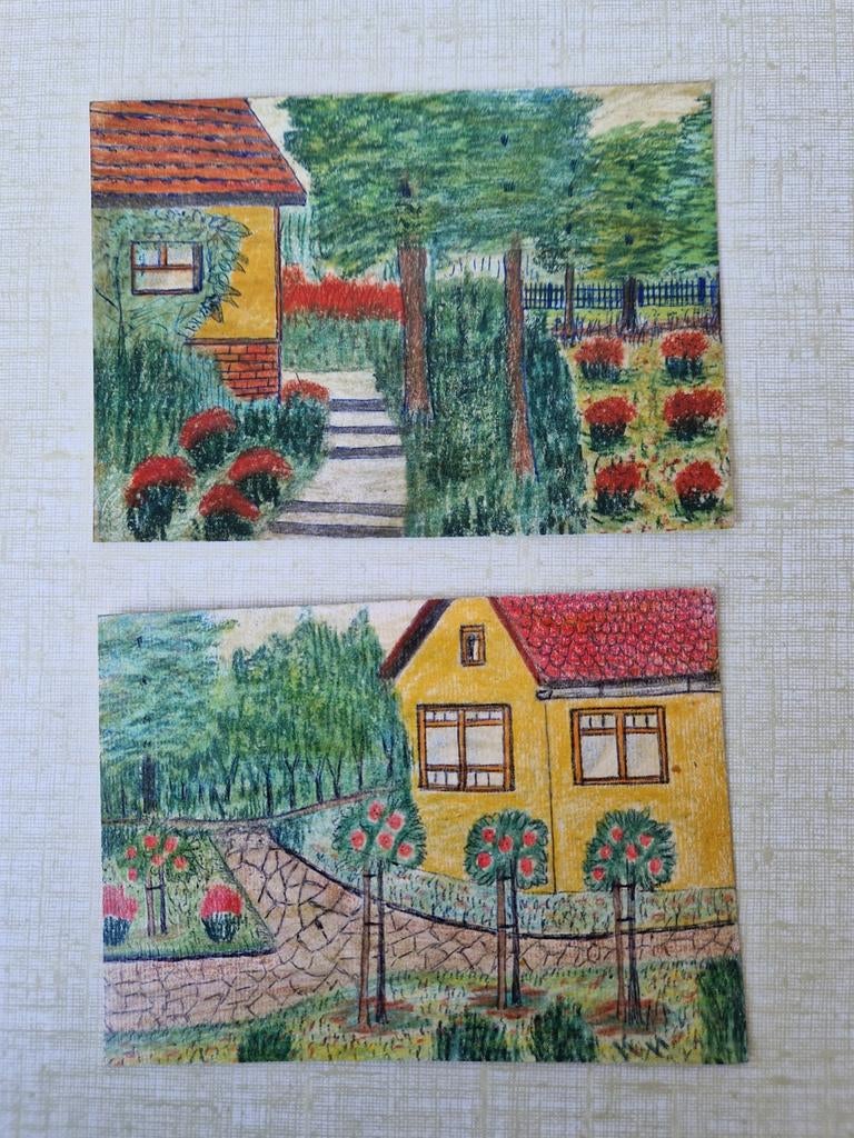 Vintage naïeve kunst volkskunst originele tekeningen, Ophalen of Verzenden