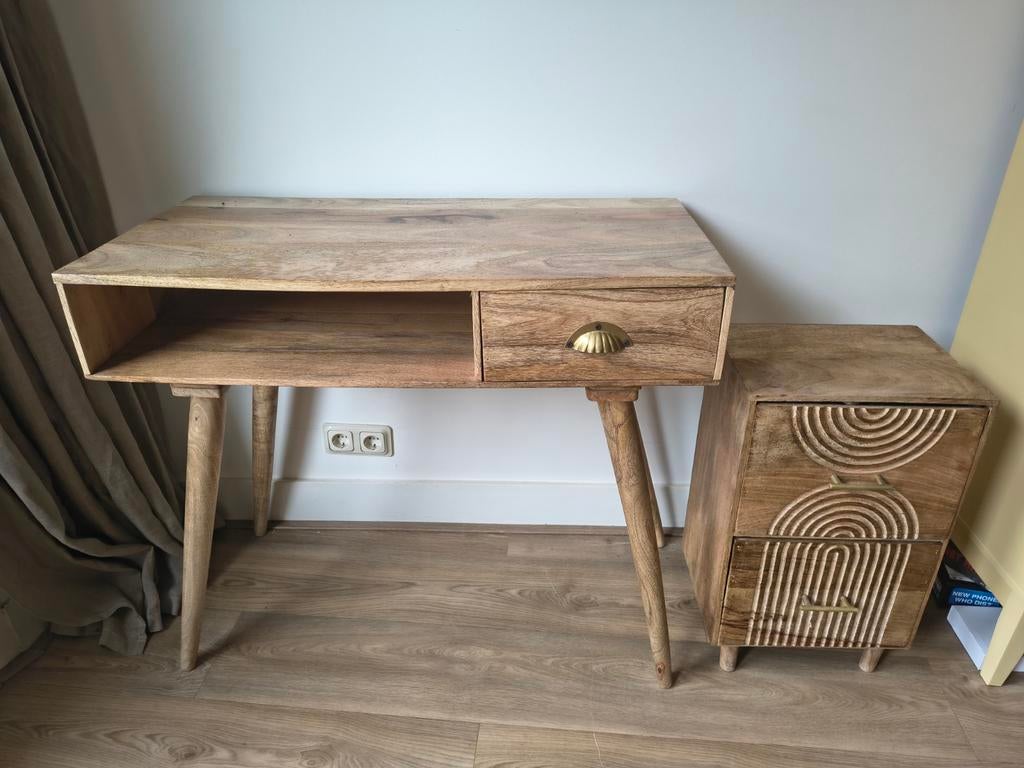 Mangohout bureau met ladekastje, Ophalen, Gebruikt, 43 cm, Bruin