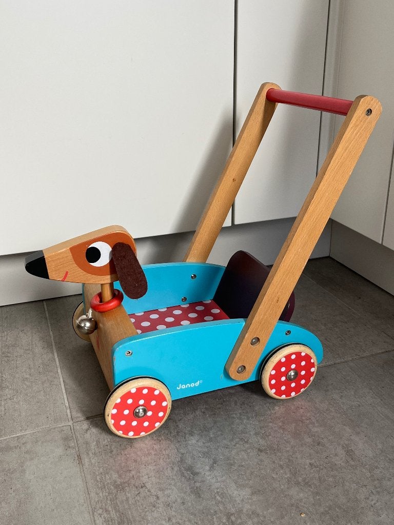 Baby/peuter loopkar met hondje (Janod), Ophalen of Verzenden, Zo goed als nieuw, Duw- of Trekspeelgoed