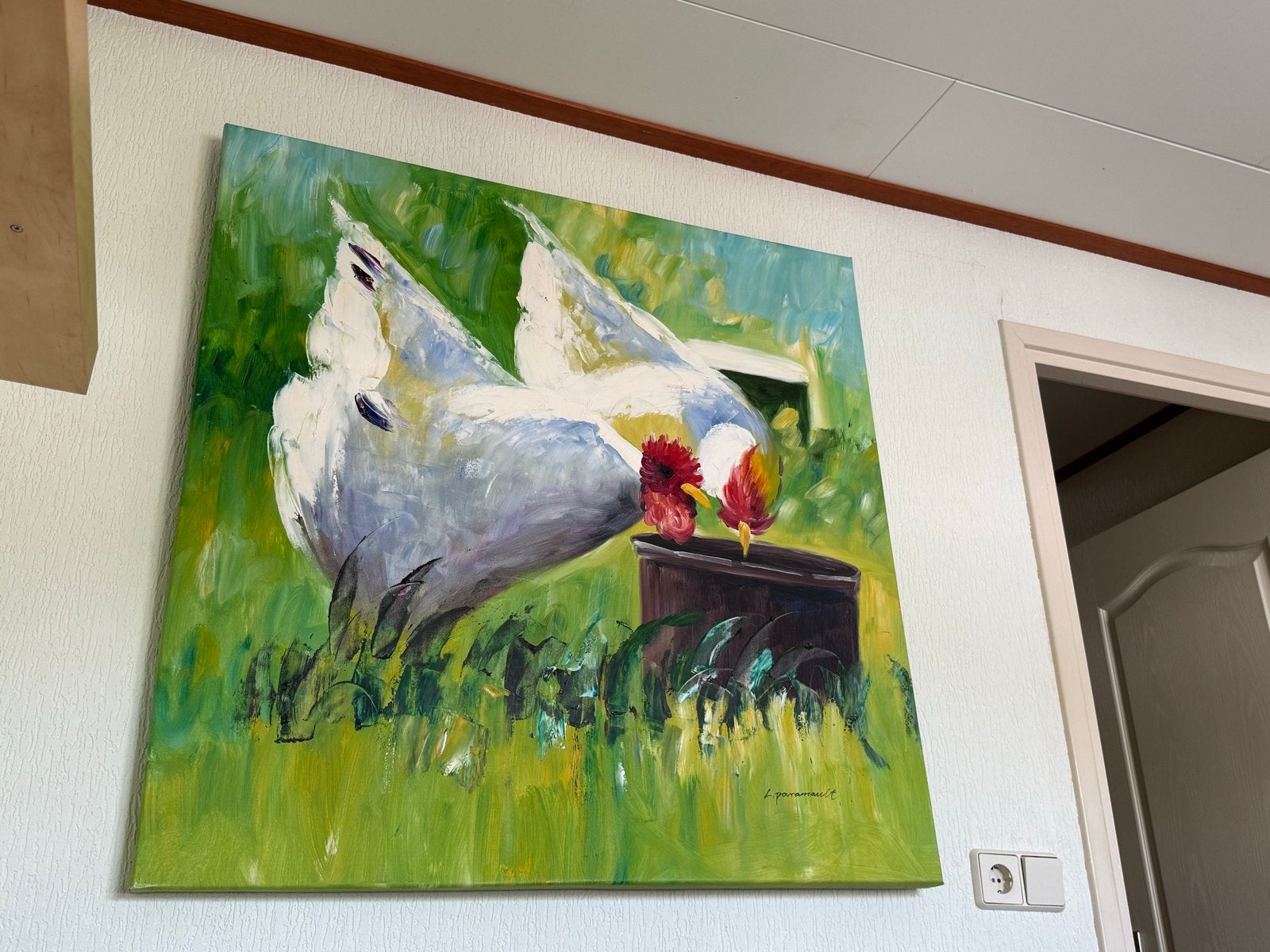 Schilderij: Twee Kippen in het Groen, Ophalen, Acrylverf, Handgeschilderd, Dieren