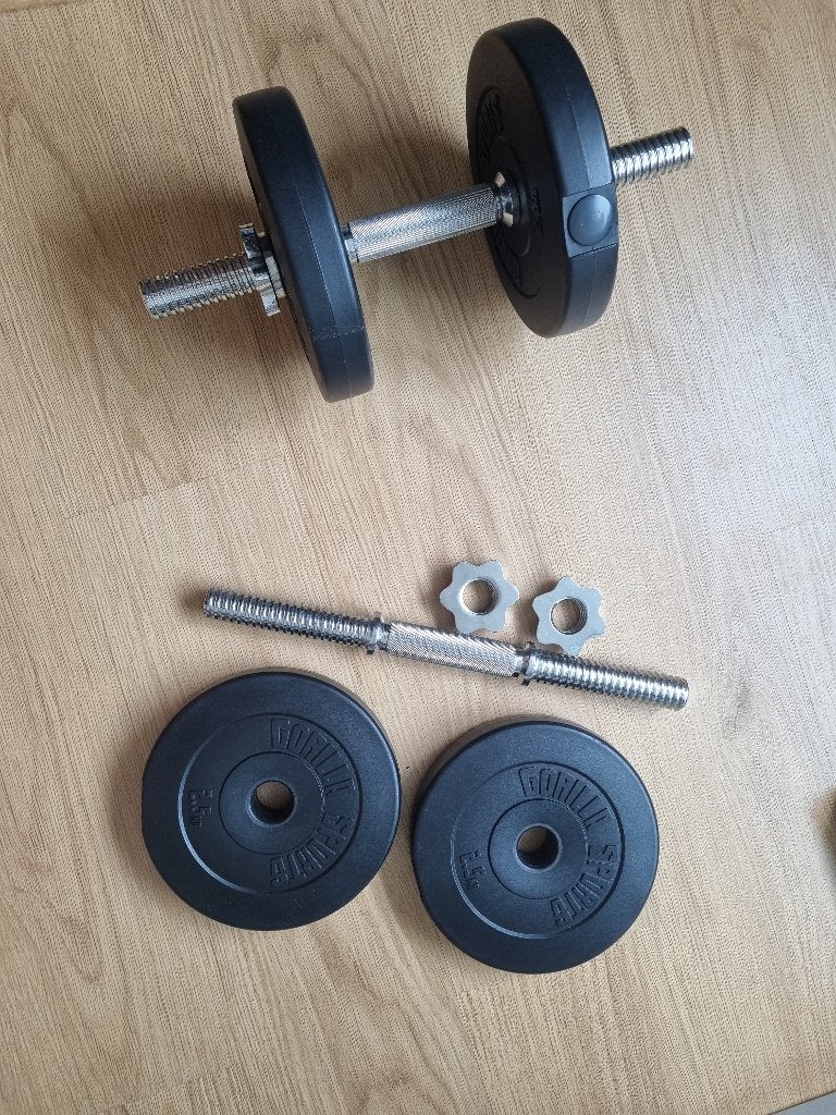 Gorilla Sports gewichten met stang, 2x5 kilo, Ophalen, Zo goed als nieuw