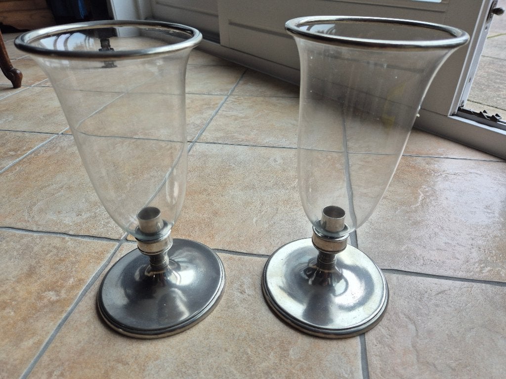 zilvertin kandelaars met glas/windlicht, Antiek en Kunst, Ophalen of Verzenden