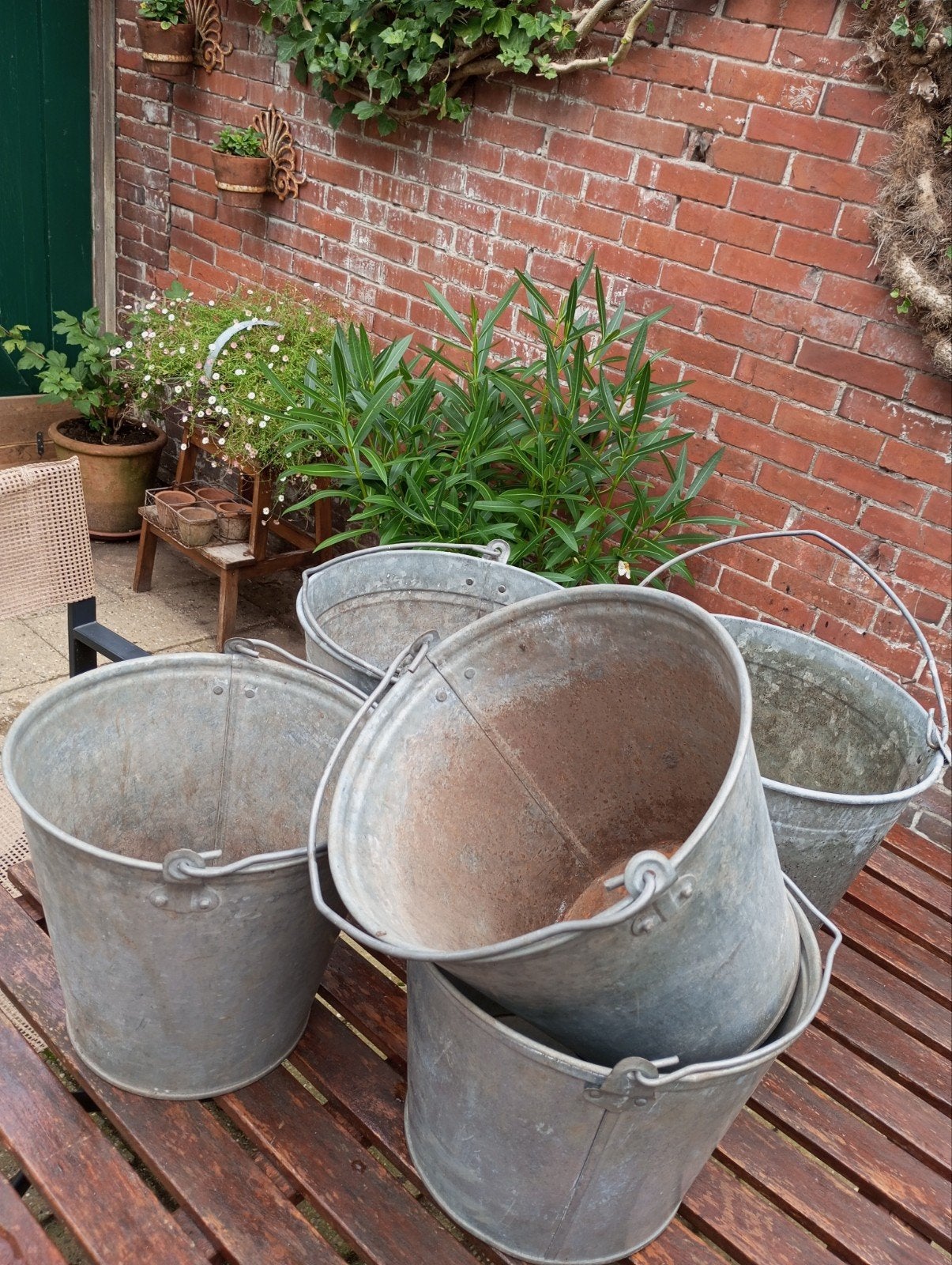 Zinken brocante emmertjes 5X, Overige materialen, Gebruikt, Minder dan 30 cm, Rond
