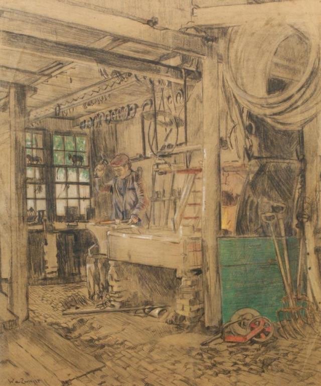 Willem de Zwart (1862-1931) - Origineel 'Smederij-interieur', Antiek en Kunst, Kunst | Schilderijen | Klassiek, Impressionistisch