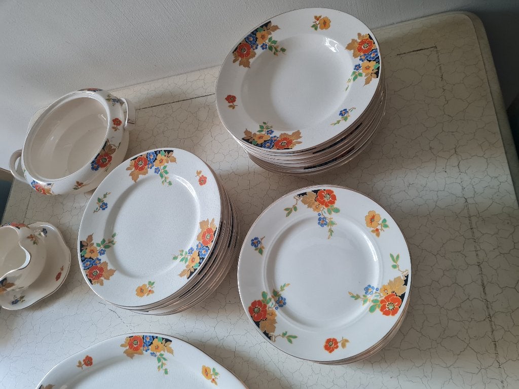 Antiek Mosa servies 29-delig 8 poortjes gestempeld, Ophalen of Verzenden