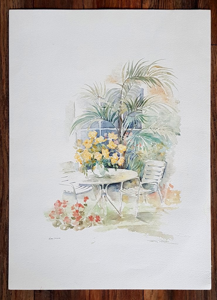 Print van Aquarel Tuintafereel, 63x45 cm, Ophalen, 63 cm, 45 cm, Flora en Fauna