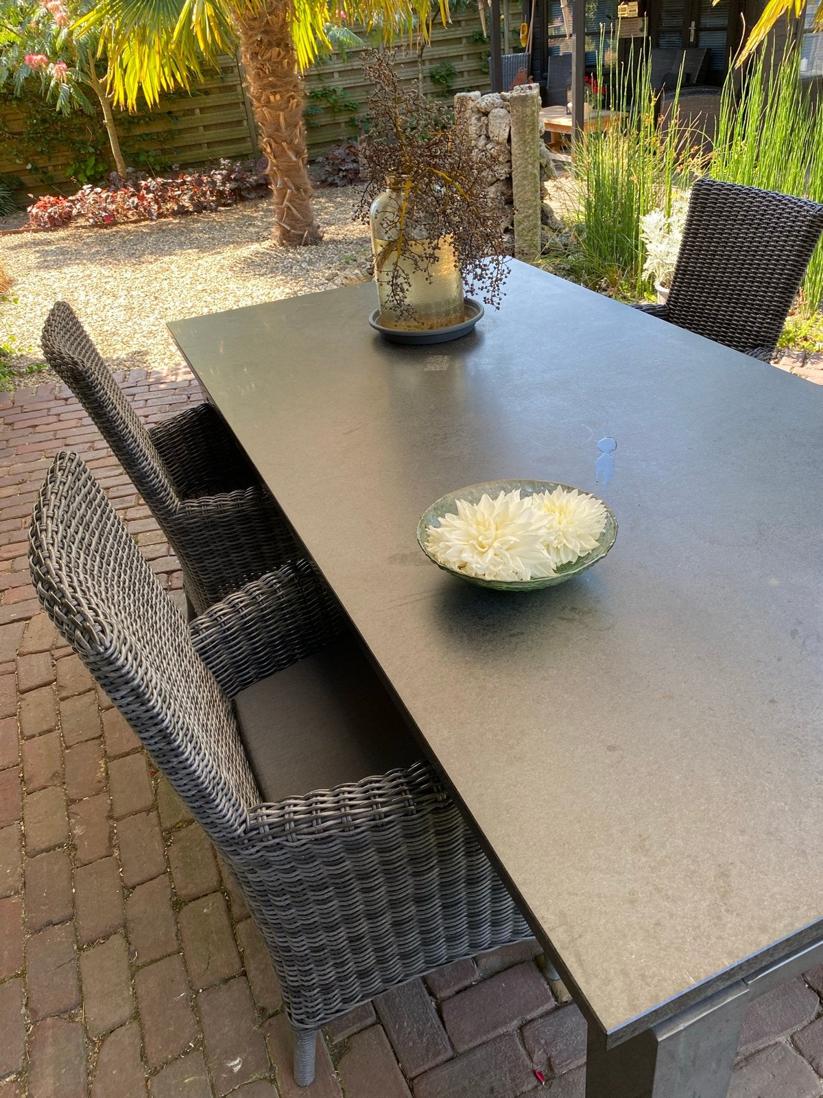 Tuintafel met natuurstenen blad en 4 stoelen (220x110), Ophalen, Gebruikt, Rechthoekig, Aluminium