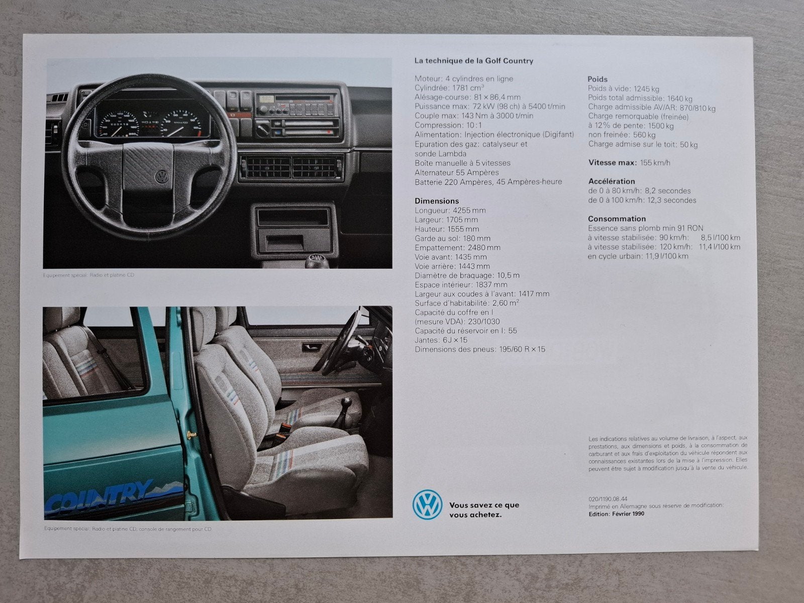 Volkswagen Golf Country sheet - 1990, Ophalen of Verzenden, Zo goed als nieuw, Volkswagen