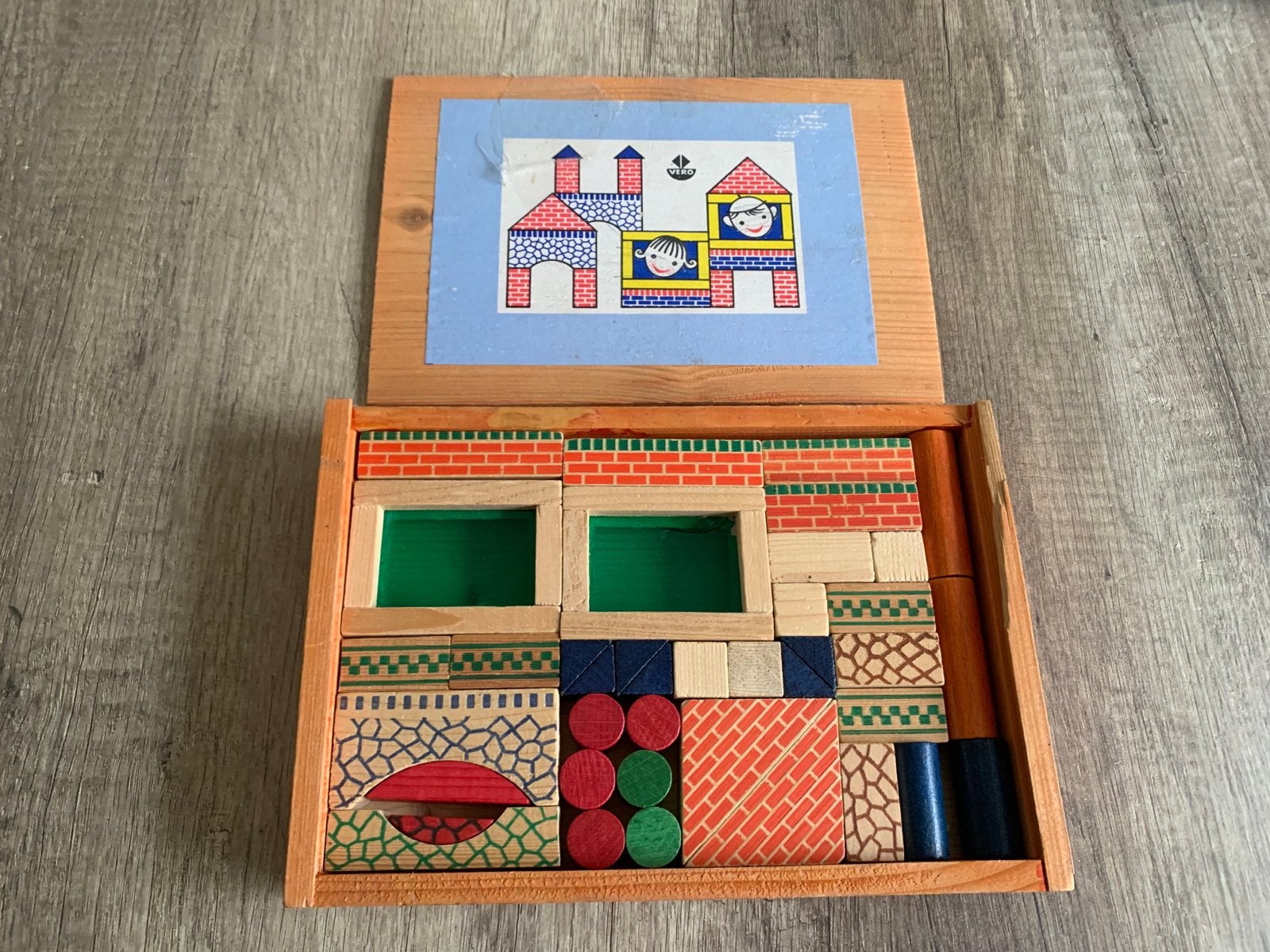 Vintage VERO Houten Bouwblokken Set in Kist, Ophalen of Verzenden, Gebruikt, Overige merken