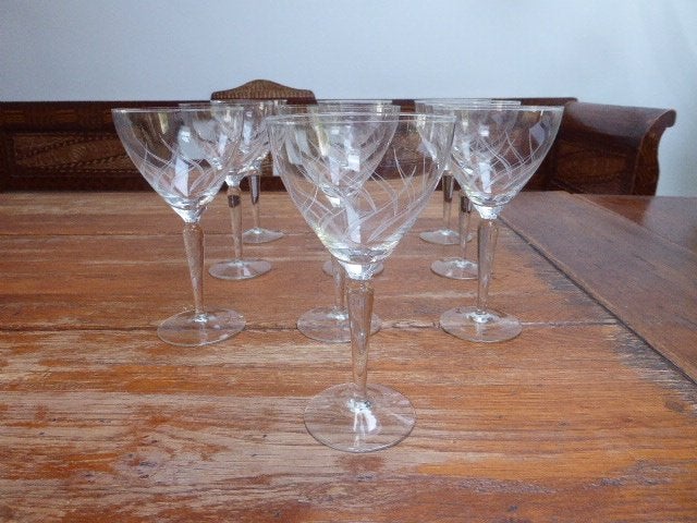 10 art deco wijnglazen met gravering, Ophalen of Verzenden