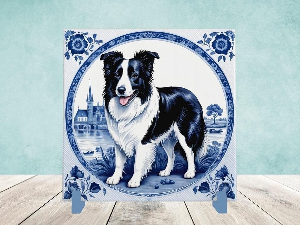 Border Collie Delfts Blauwe tegel incl houder, Ophalen of Verzenden, Nieuw