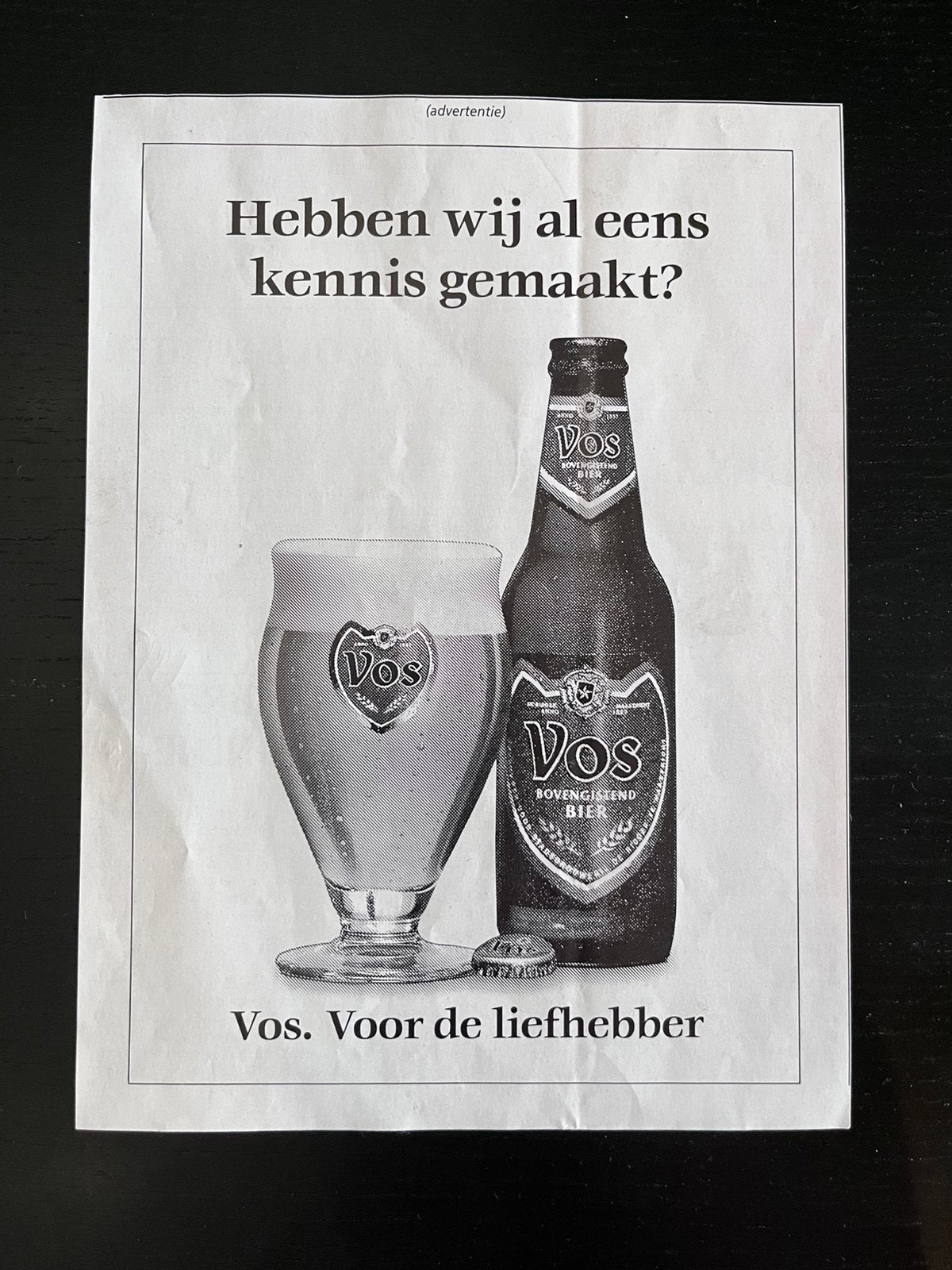 Vos bier advertentie, Verzamelen, Ophalen of Verzenden, 1980 tot heden, Knipsel(s)