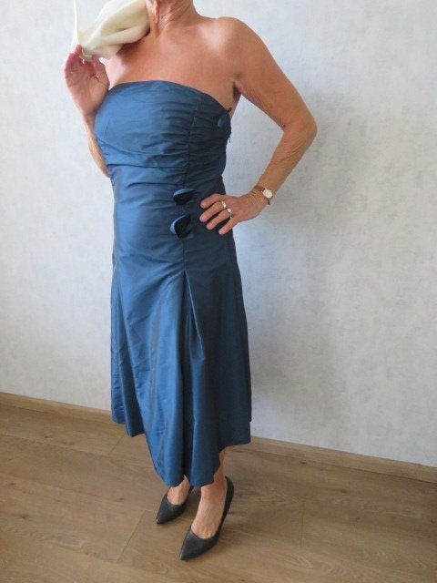 Gelegenheids Satijnenjurk met Bolero, Maat 38/40 (M), Blauw, Cocktailjurk, Ophalen of Verzenden