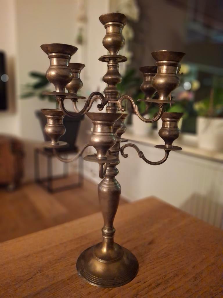 Grote 9-armige messing kandelaar 5 kg, Ophalen of Verzenden, Koper of Brons