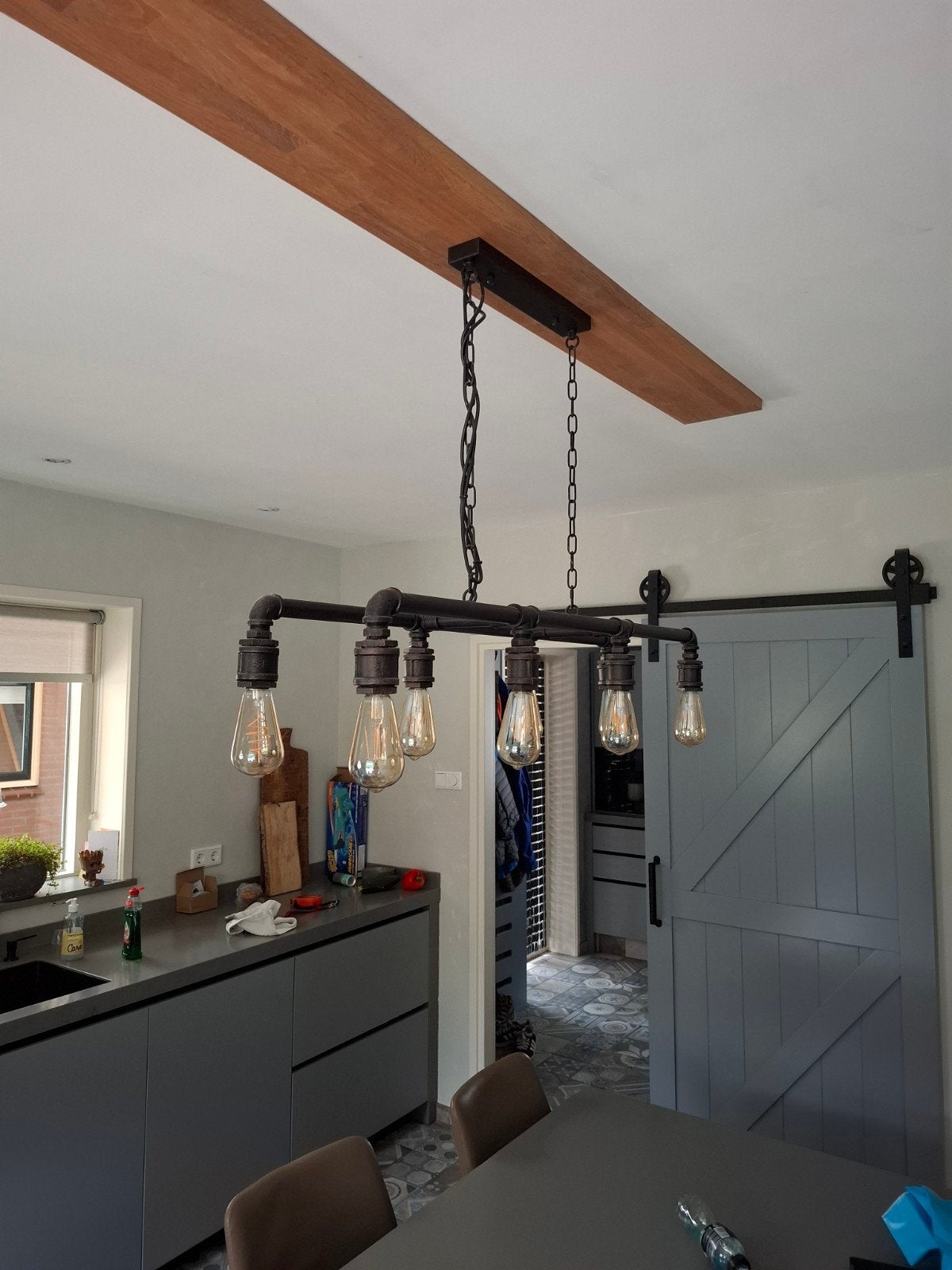 Industriële hanglamp met 8 Edison lampen, Ophalen, E27 (groot), Zo goed als nieuw, Metaal