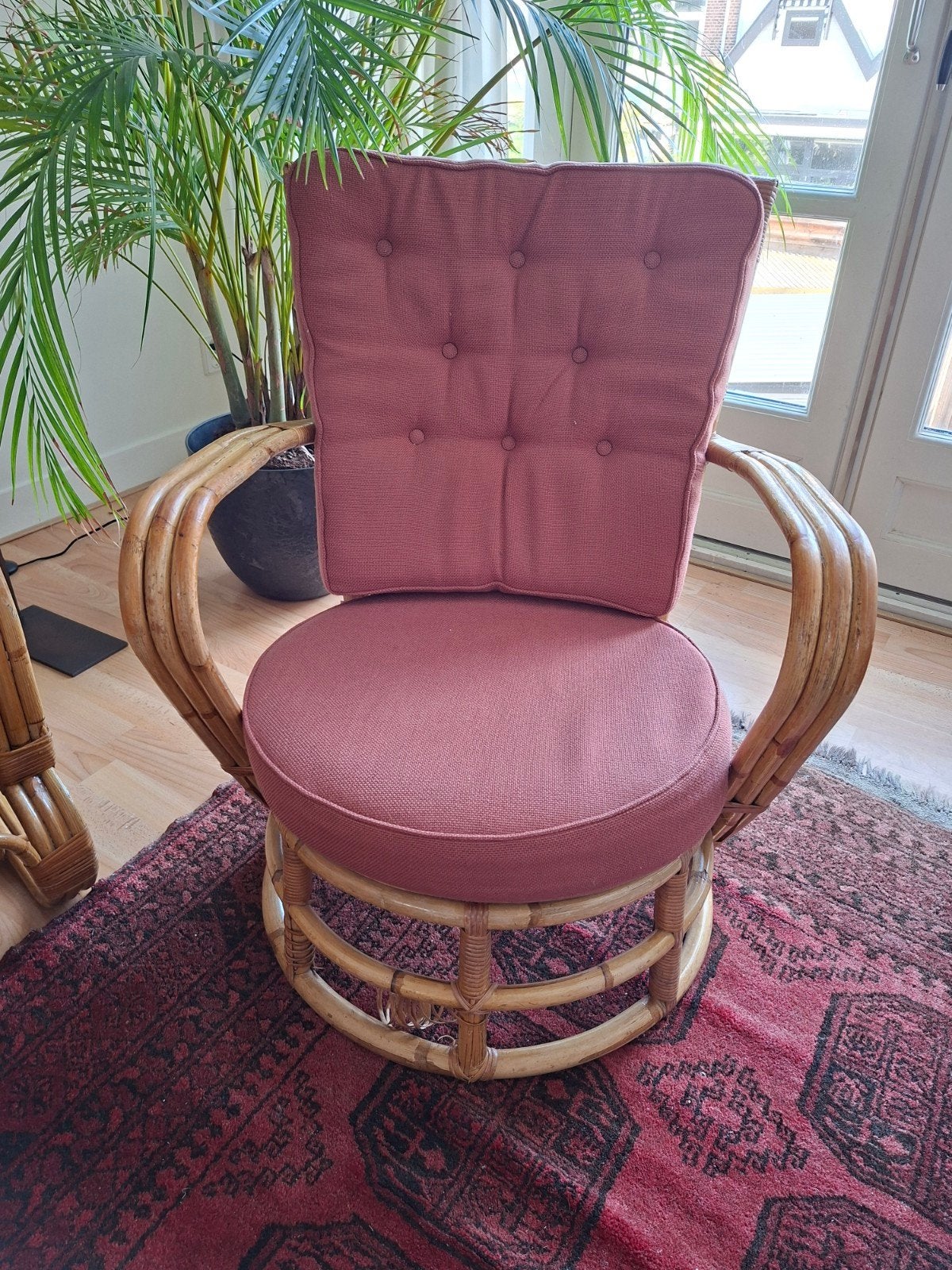 Vintage rotan fauteuil met kussens, Gebruikt, Vintage, Retro, Bohemian, Ophalen of Verzenden, Riet of Rotan
