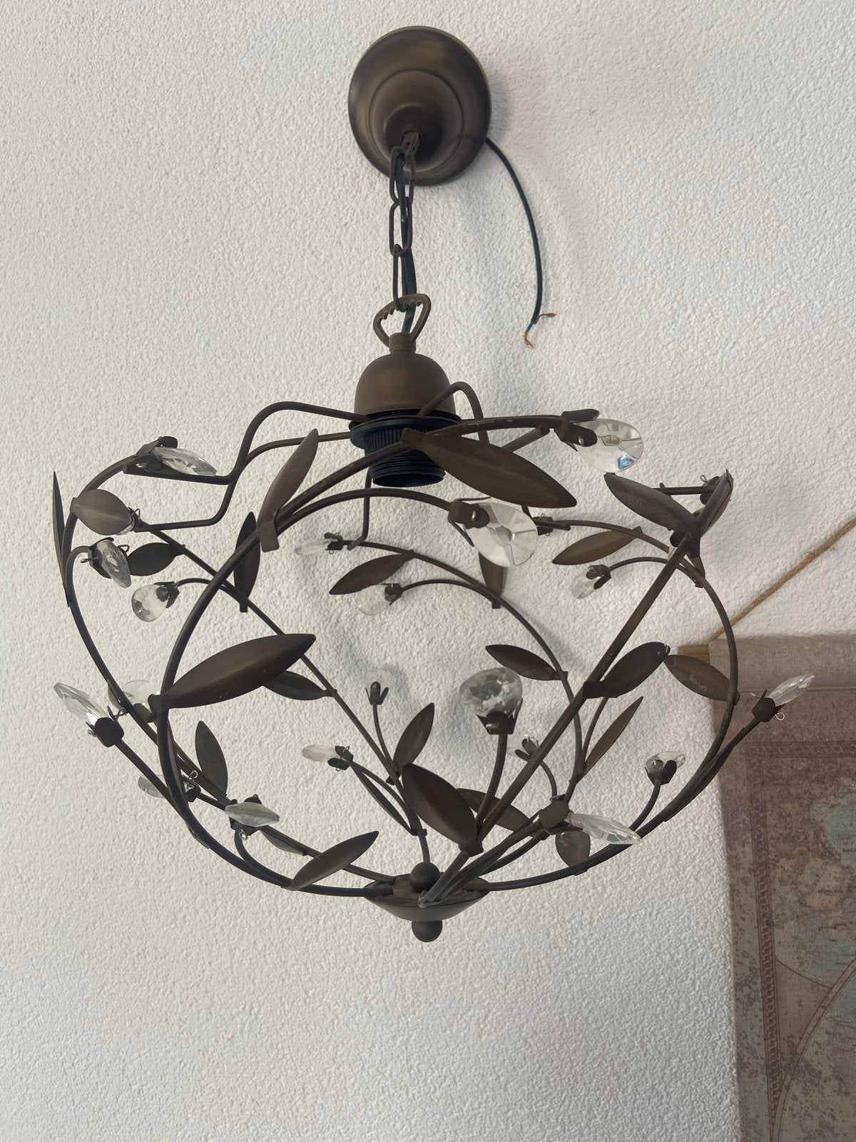 Decoratieve hanglamp met bladeren en kristallen, Ophalen, Gebruikt, Metaal, E27 (groot)