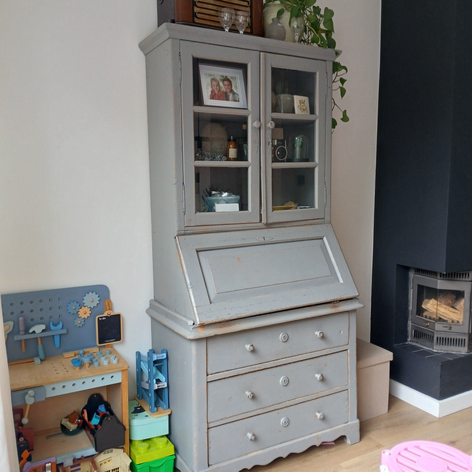 Antieke secretaire met vitrinekast - Grijs geverfd, Antiek en Kunst, Ophalen