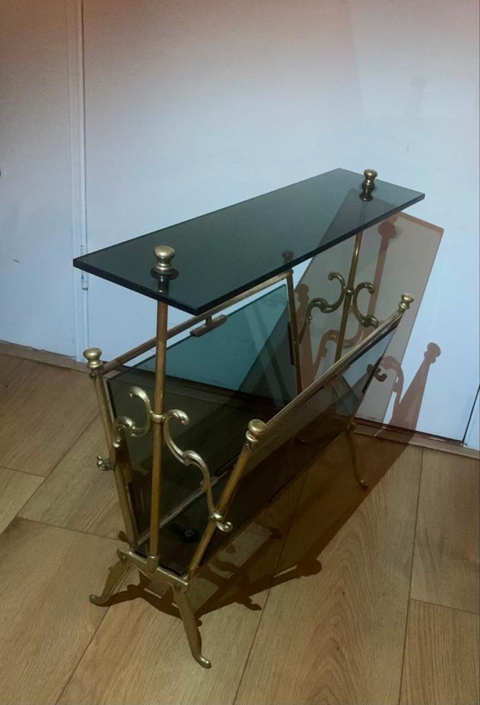 Maison Jansen style Vintage Messing en Glas Tijdschriftenrek, Huis en Inrichting, Ophalen of Verzenden, Gebruikt