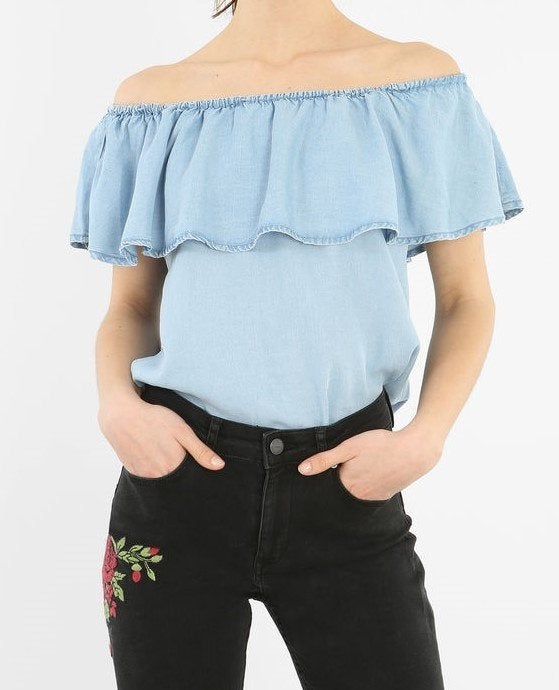 Off shoulder top with ruffles (Pimkie), Blauw, Nieuw, Ophalen of Verzenden, Maat 34 (XS) of kleiner