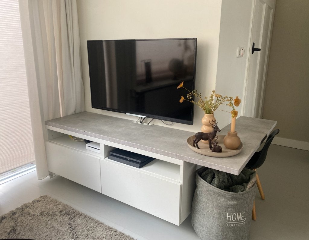 Compleet! Besta TV meubel met blad, lades en planken, Ophalen, 100 tot 150 cm, Zo goed als nieuw, Minder dan 100 cm