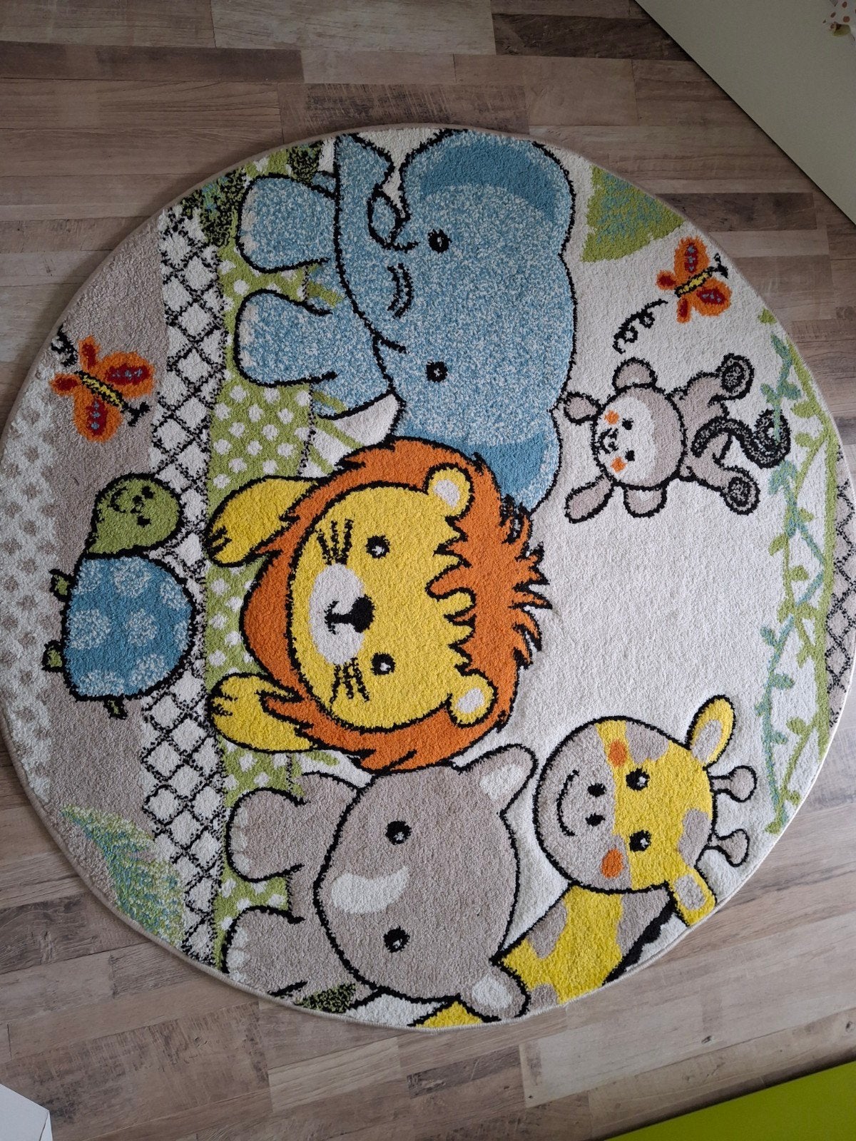 Rond vloerkleed met jungle dieren voor kinderkamer, Meerkleurig, Ophalen, Zo goed als nieuw, Kleed of Kussen