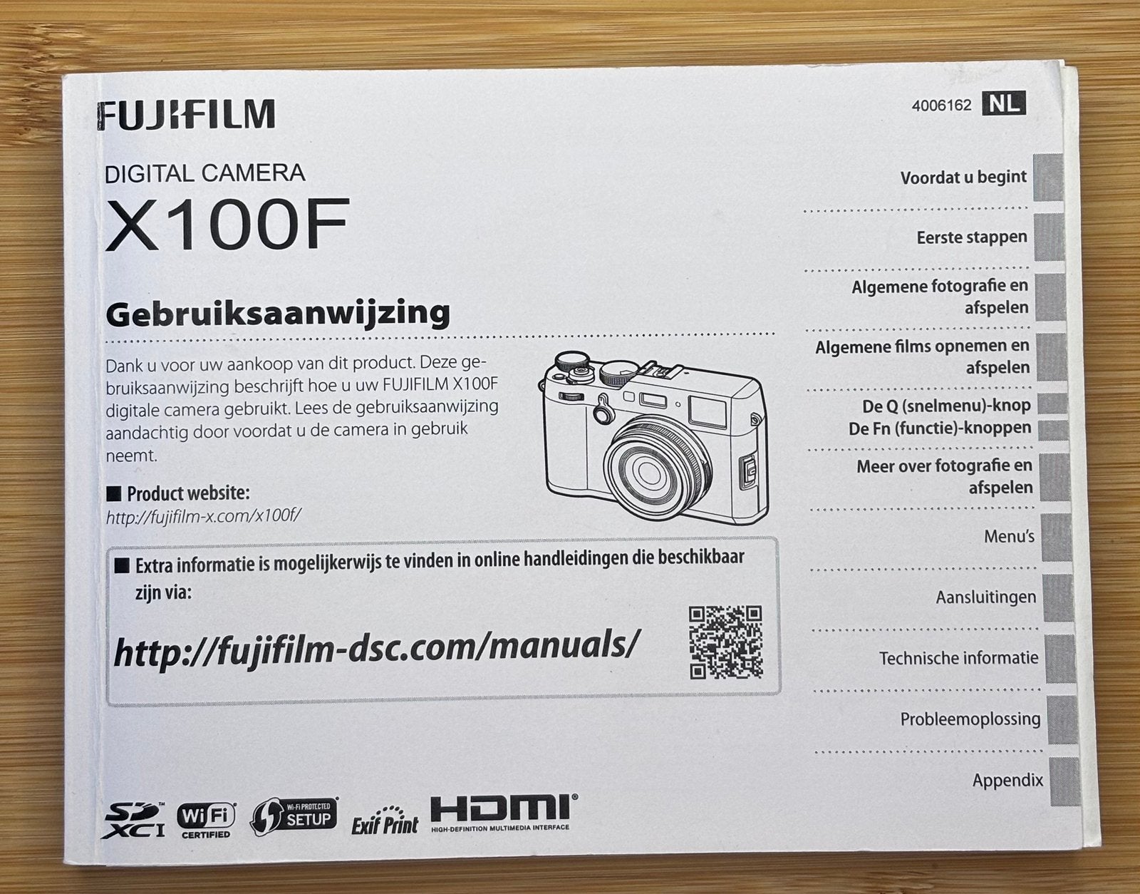 Fujifilm X100F gebruiksaanwijzing nederlandstalig, Ophalen of Verzenden, Zo goed als nieuw, Fujifilm, Compactcamera
