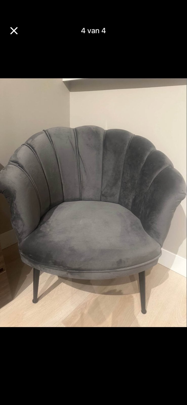 Stijlvolle Grijze Fluweel Schelp Fauteuil, Ophalen, Zo goed als nieuw, Eén, Stof
