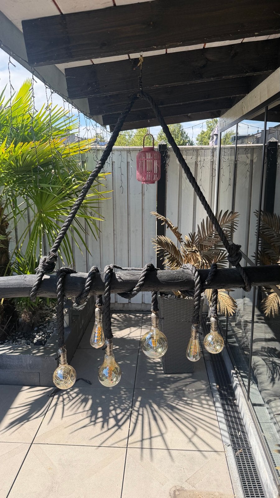 Unieke boomstam lamp met 6 sierlampen - Landelijke stijl, Ophalen of Verzenden, Gebruikt, Hout, E27 (groot)