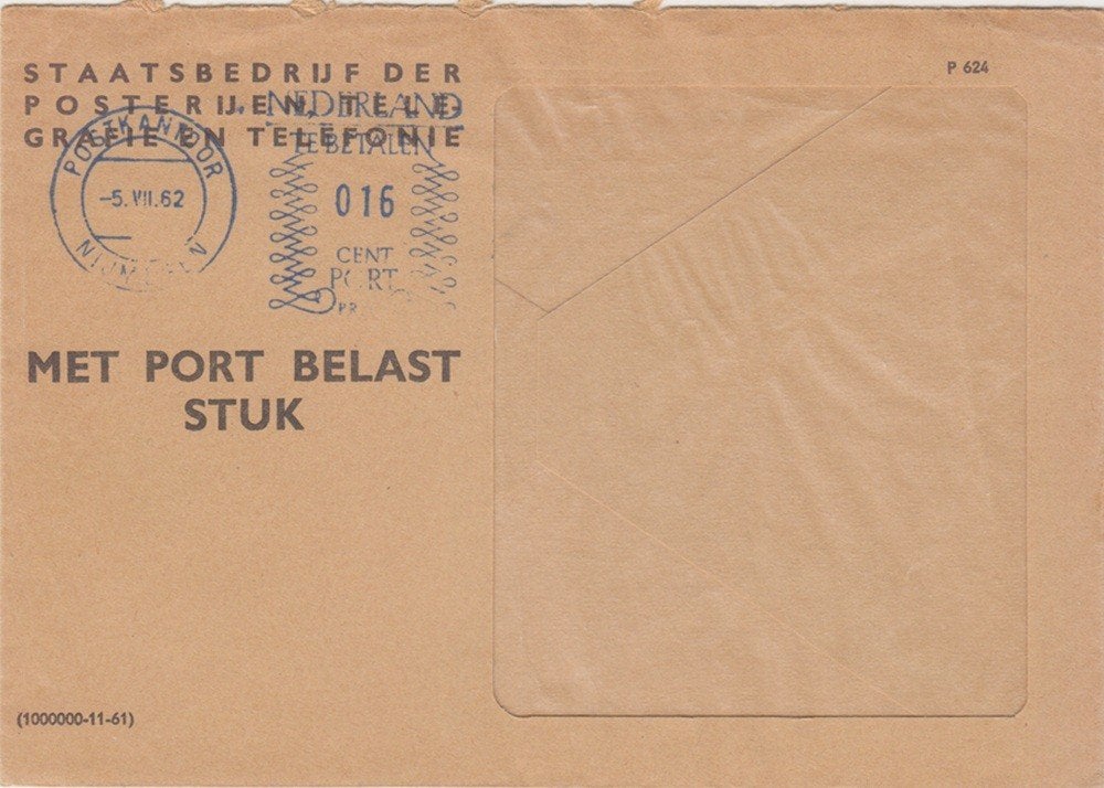 Nederland Vensterenveloppe PTT met port belast stuk 1962, Ophalen of Verzenden, Brief