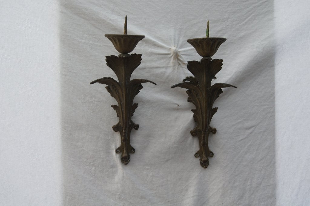 Set van 2 antieke koperen wandkandelaars met bladmotief, Ophalen of Verzenden, Koper of Brons