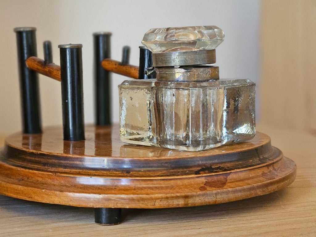 Antieke houten pennenhouder met inktpot, Antiek en Kunst, Ophalen of Verzenden
