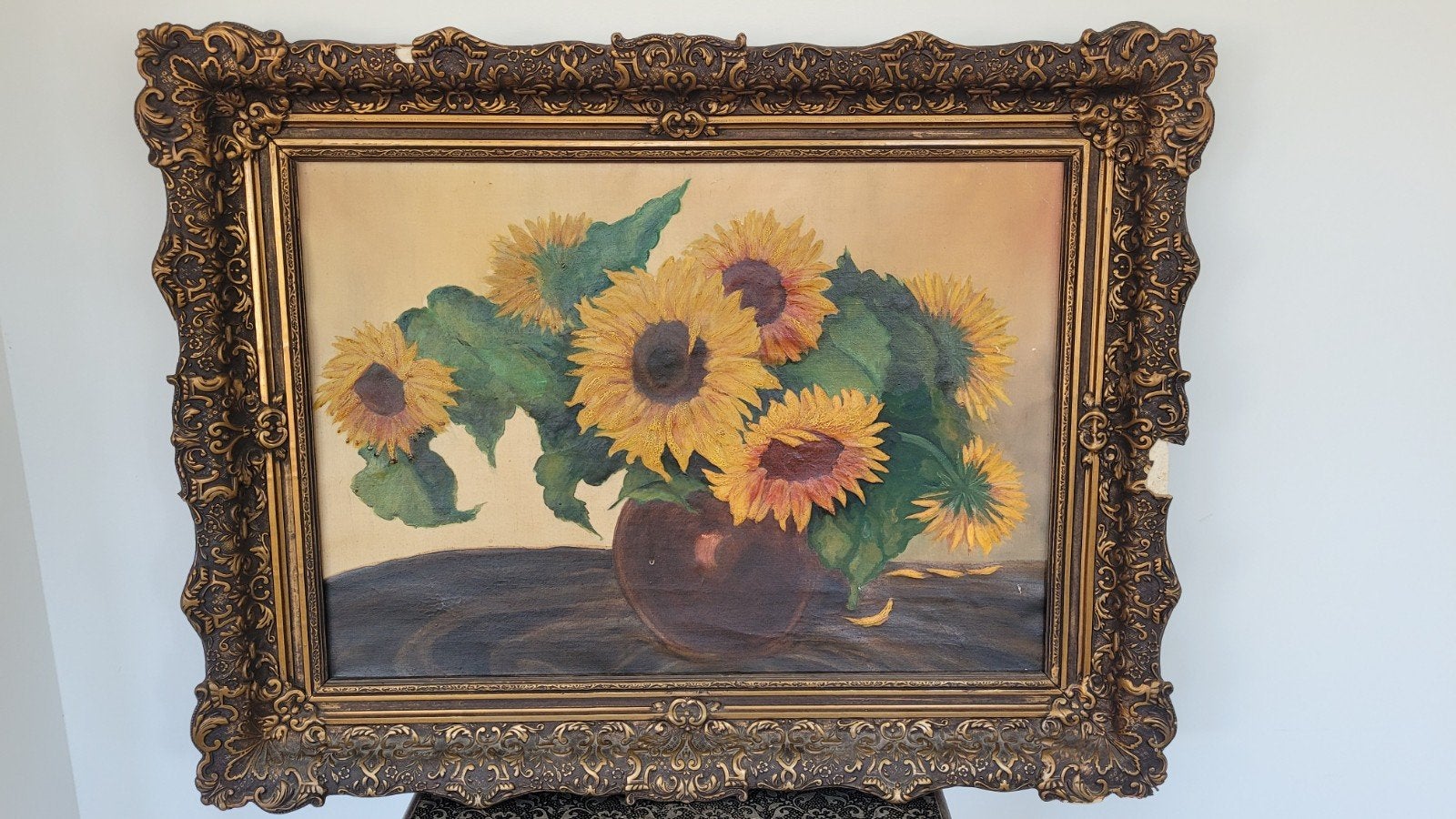 Schilderij Zonnebloemen in Gouden Lijst (100x80 cm), Ophalen, Klassiek, Bijzondere lijst, Bloemen