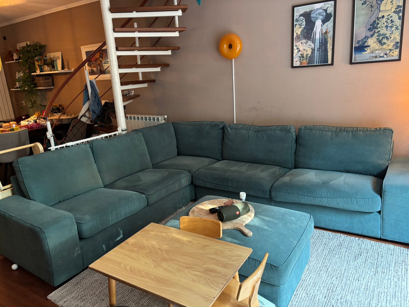 Kivik 5-zits hoekbank met turquoise ribhoes (excl. hocker), Ophalen, Gebruikt, Stof