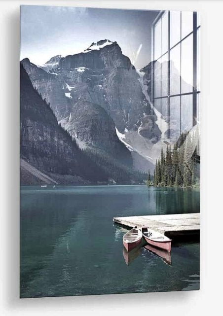 Glasschilderij Mountain Lake 60x90 - Gehard glas, Landschap, Glas, Achter glas, Ophalen of Verzenden
