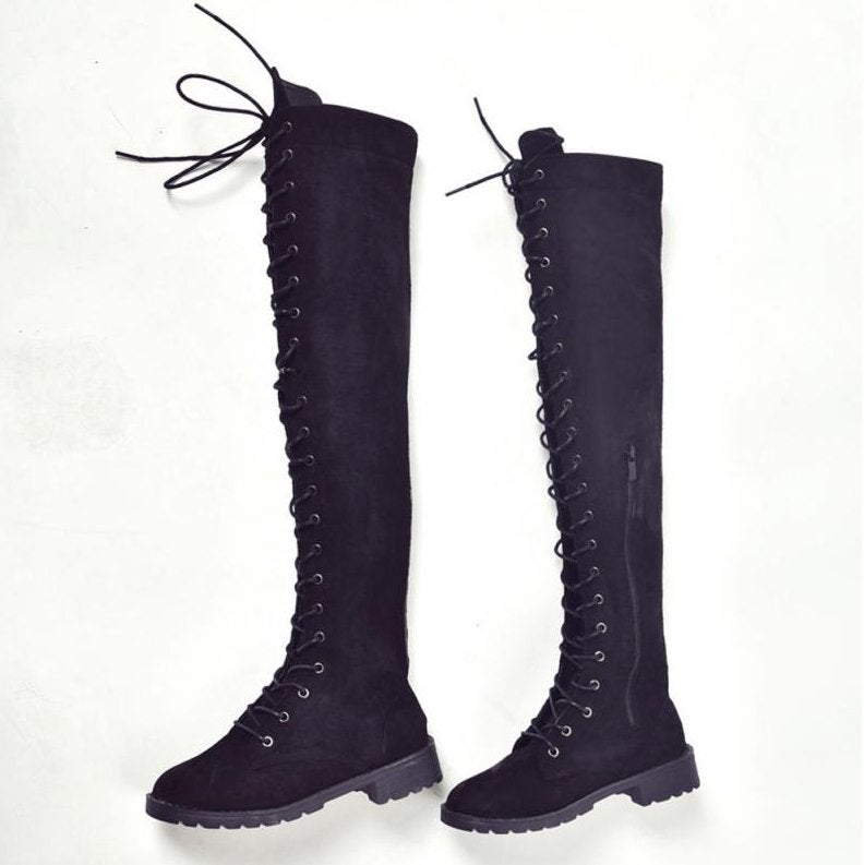 Zwarte overknee veter laarzen knie hoge dames vrouwen boots, Verzenden, Nieuw, Zwart, Hoge laarzen