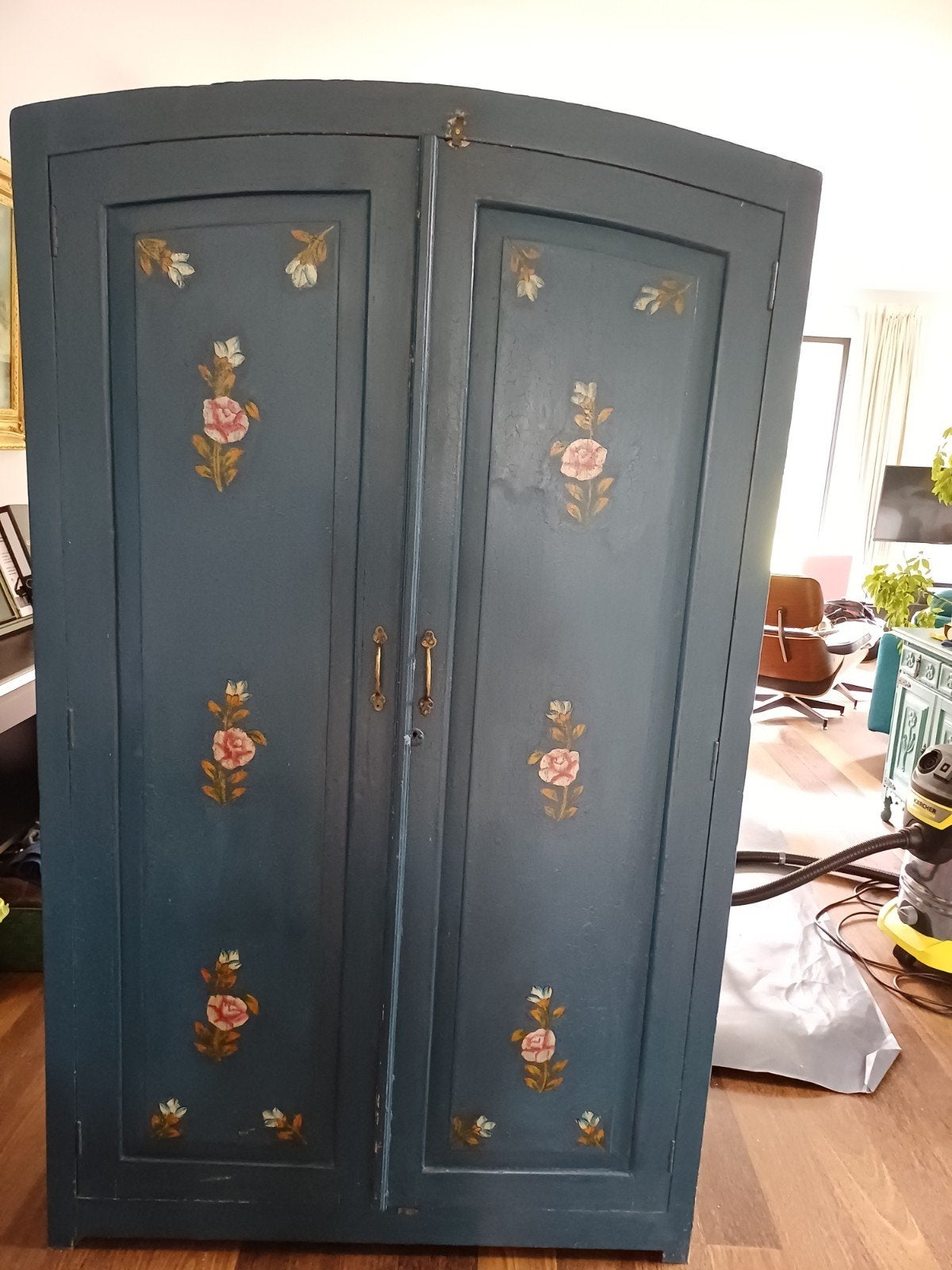 Vintage massief houten kast met roede en planken, Antiek en Kunst, Ophalen
