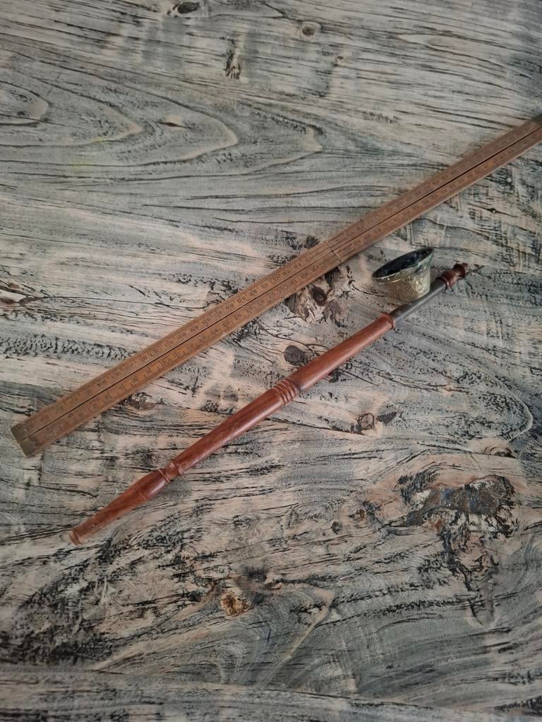 Antieke opium pijp koperen en houten pijp - 33,5 cm lang, Ophalen of Verzenden
