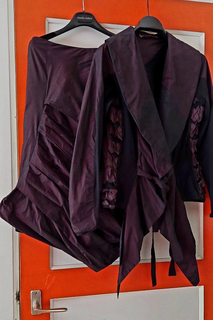Uniek dedigner setje rok en jasje ZAEK Dutch Design, Maat 38/40 (M), Kostuum of Pak, Paars, Ophalen of Verzenden