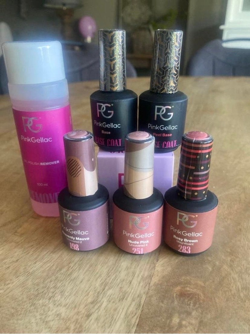 Pink Gellac Nagellak Set: Base, Peel Base & 3 Kleuren, Ophalen of Verzenden, Zo goed als nieuw, Handen en Nagels, Make-up