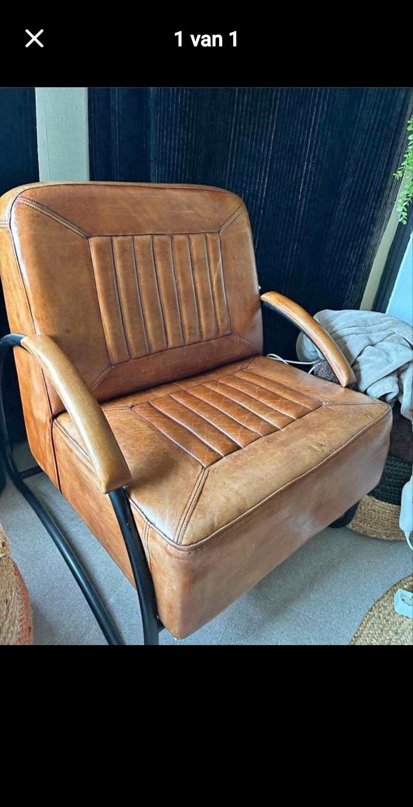 Vintage Leren Fauteuil - Cognac Kleur, Gebruikt, Vintage, Industrieel, Retro, 75 tot 100 cm, Ophalen of Verzenden