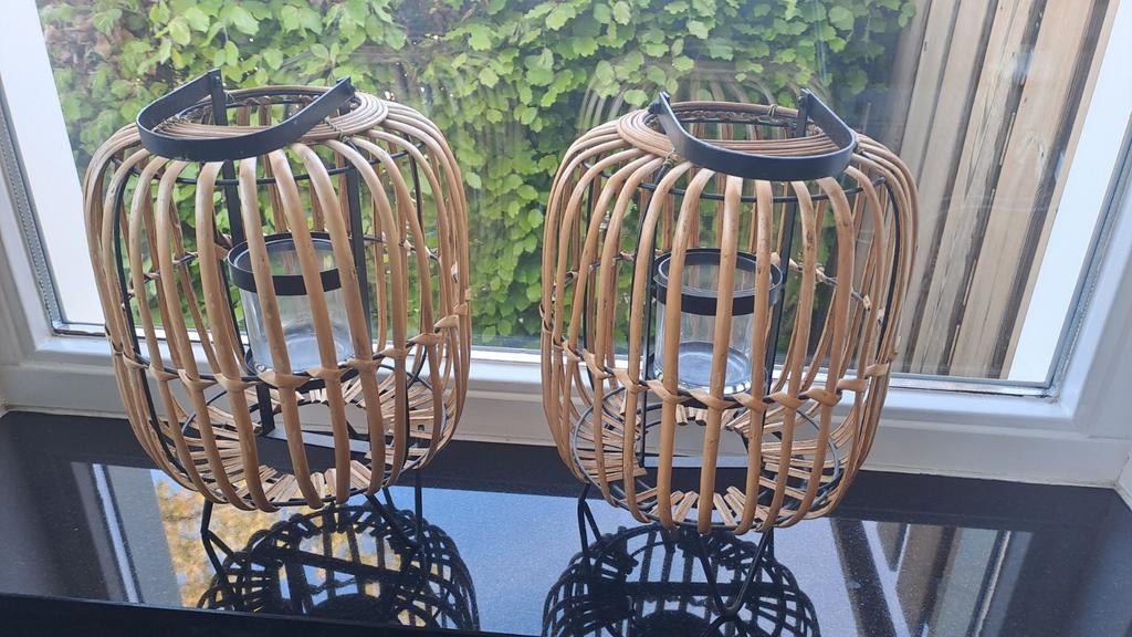 Set van 2 bamboe windlichten / waxinelichthouders, Bruin, Ophalen of Verzenden, Zo goed als nieuw, Hout