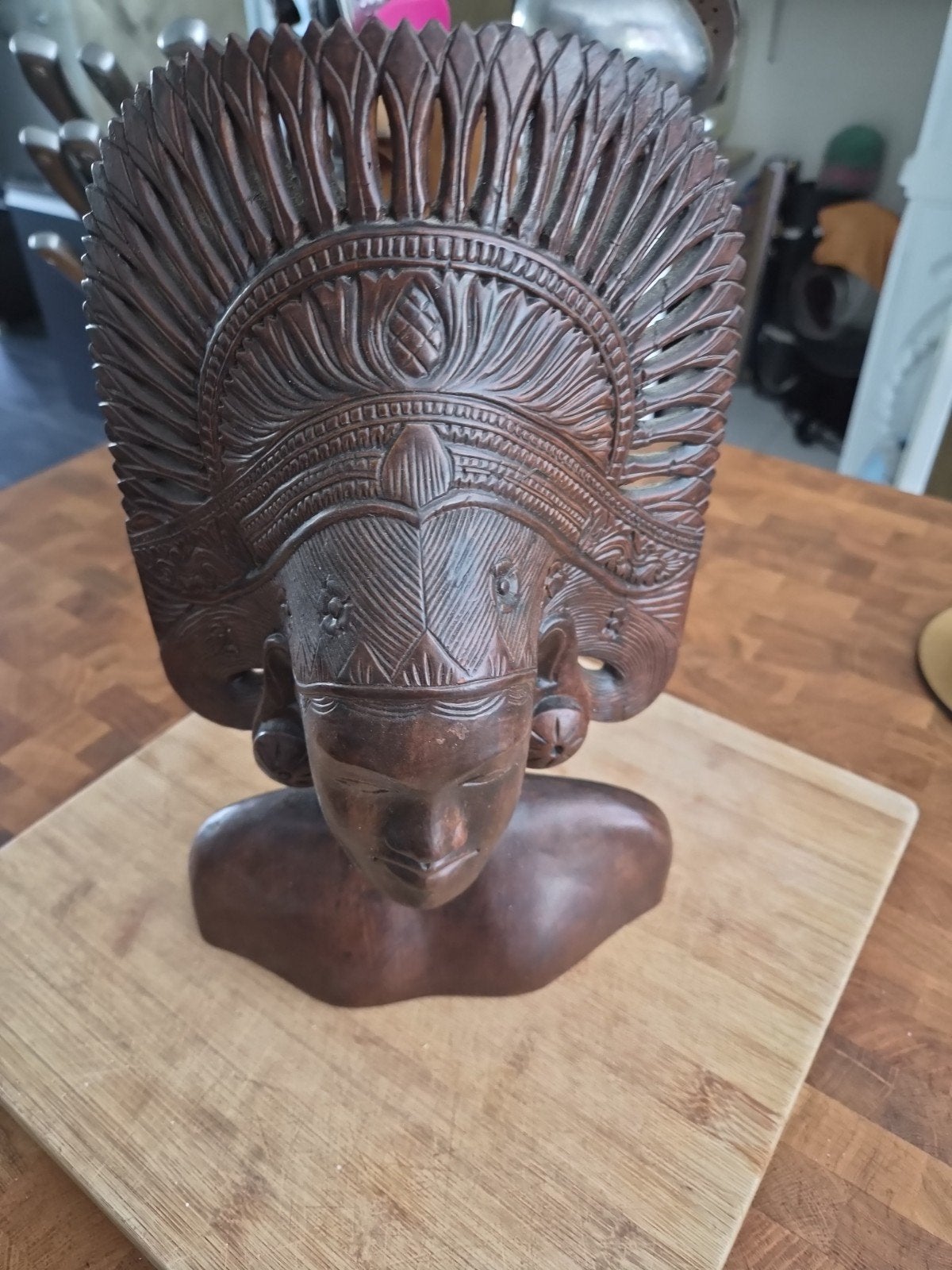Houten Buste met Hoofdtooi - Handgesneden Aziatische Kunst, Ophalen, Buste, Handgemaakt, 20 - 50 cm
