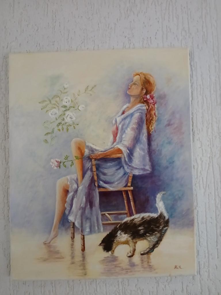 Schilderij: Meisje met poes, wegdromend - A. Havenith, Antiek en Kunst, Kunst | Schilderijen | Klassiek, Ophalen