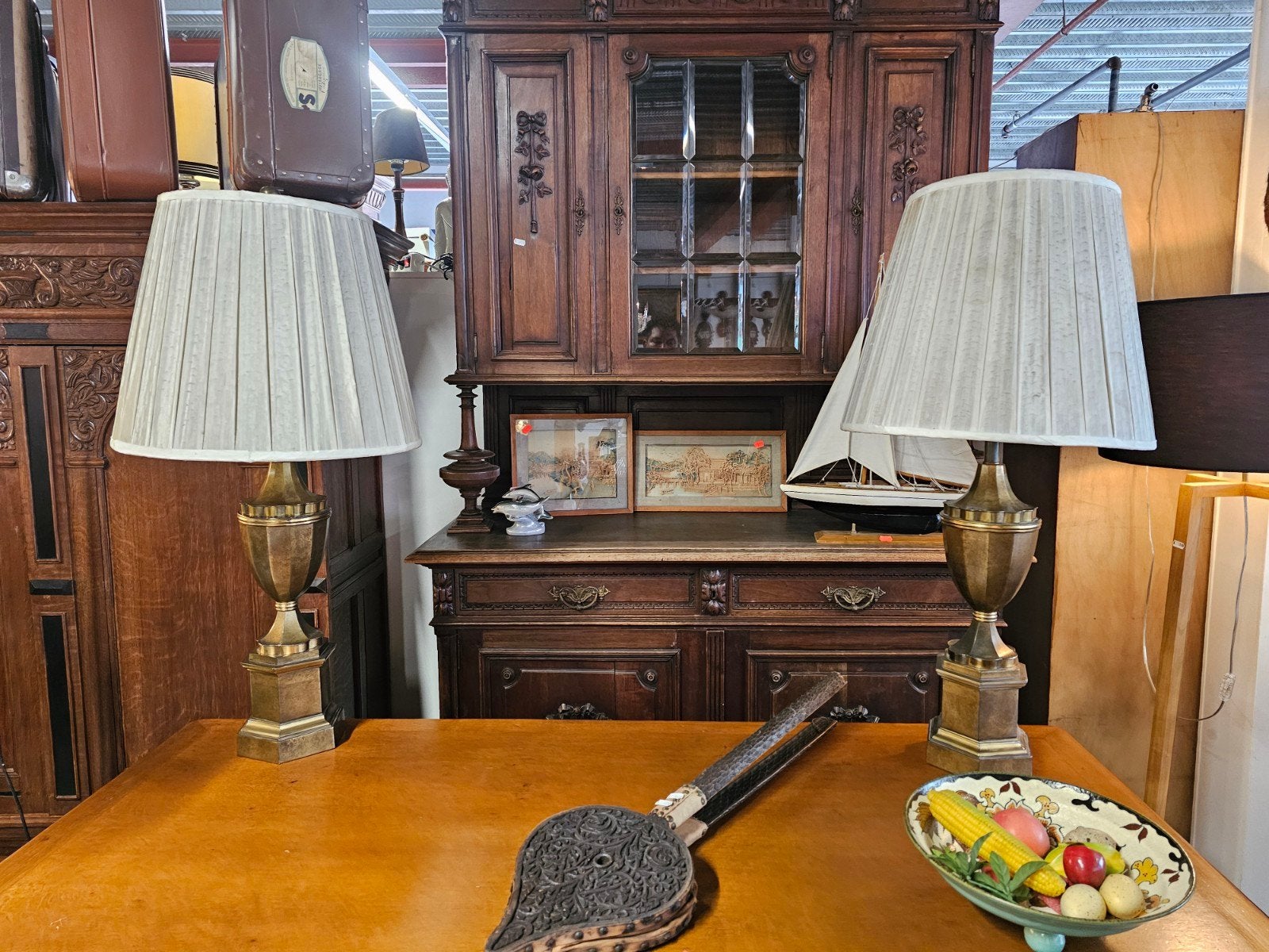 Set van 2 messing lampen met plissé kappen, Ophalen of Verzenden