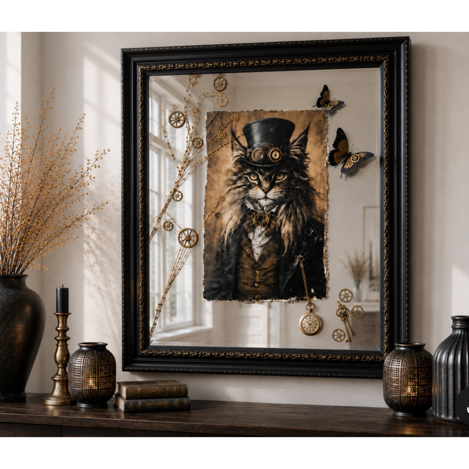 Hand gemaakt spiegelkunst kat met 3D steampunk details, Ophalen