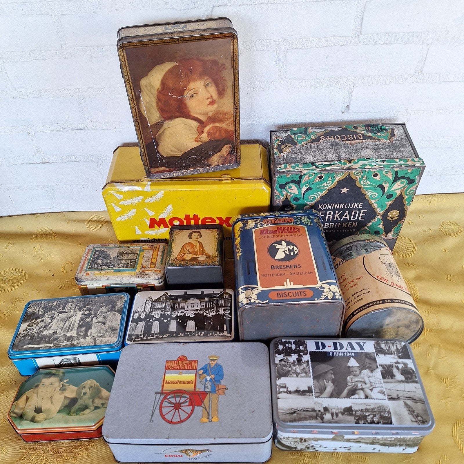 Verzameling oude blikken koek D-day Esso Mottex Verkade, Ophalen of Verzenden, Gebruikt, Overige, Verkade