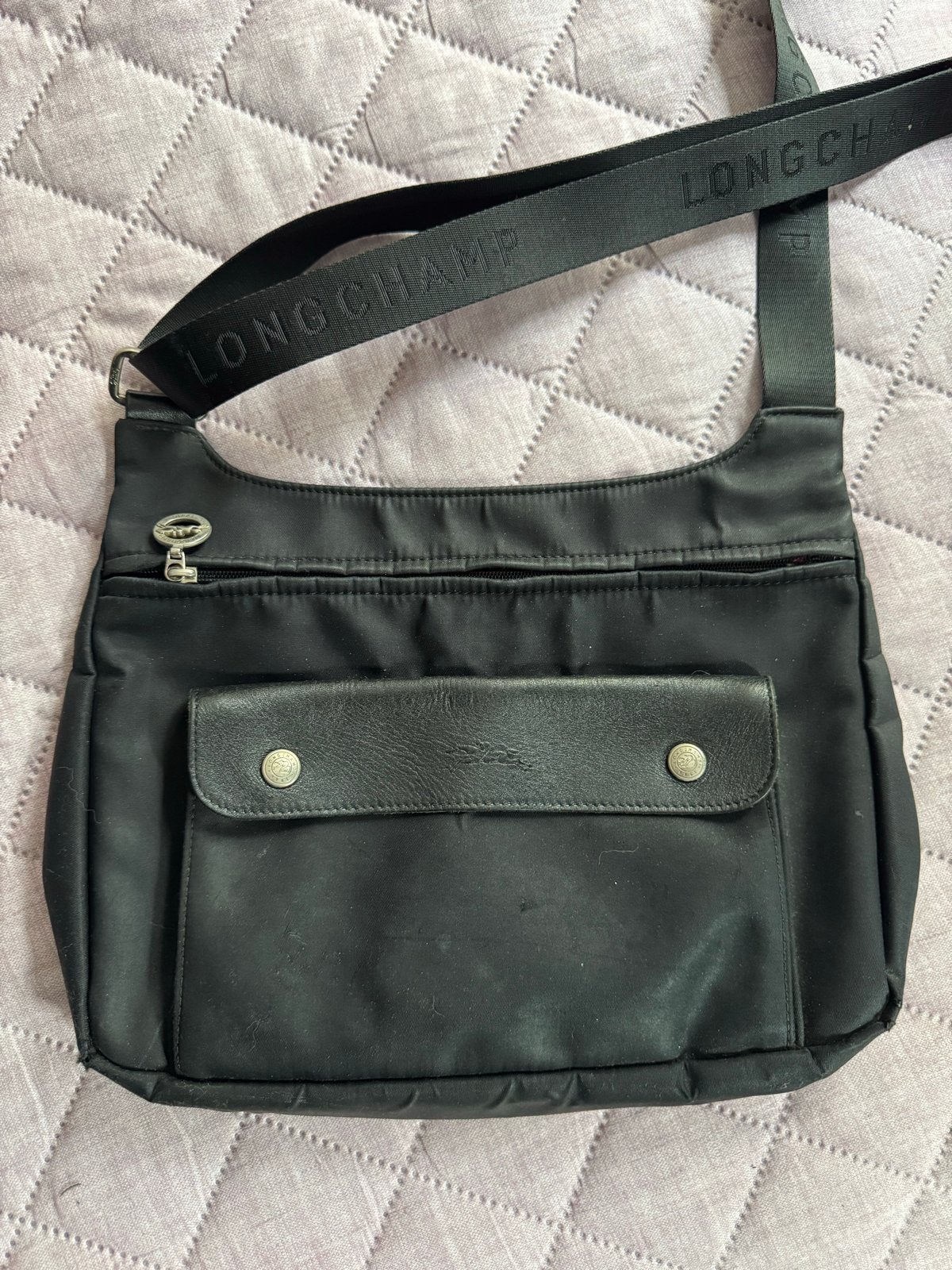 Vintage Longchamp schoudertas – nylon & leer, Ophalen of Verzenden, Gebruikt, Zwart, Schoudertasje