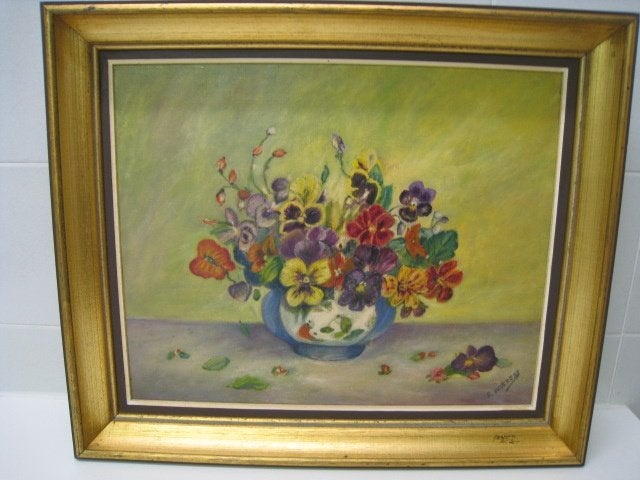 Schilderij vaas met bloemen, gesigneerd R. Haerens, Ophalen