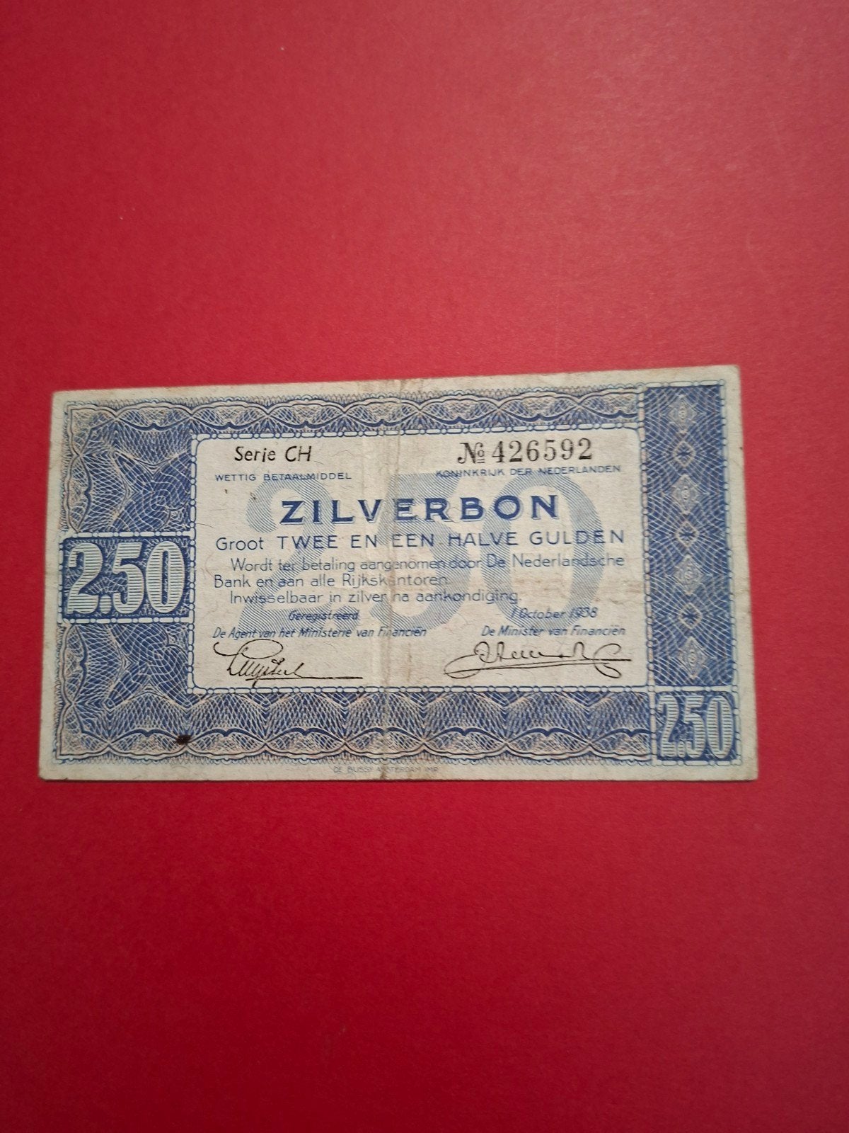 2,5 gulden Zilverbon uit 1938 in ZF, Ophalen of Verzenden, 2½ gulden, Los biljet